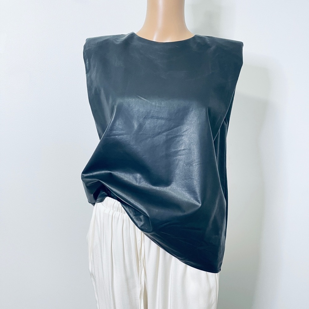 Faux Leather Padded Shoulder Sleeveless Tee NWT